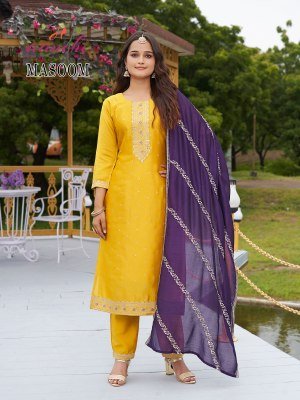 Aanchi Masoom 3 Piece Set Rapido Silk Top And  Bottom with Vichitra Silk Dupatta Embroidery Straight Suit Catalogue Wholesale kurti pant with dupatta Catalogs