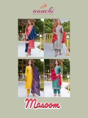 Aanchi Masoom 3 Piece Set Rapido Silk Top And  Bottom with Vichitra Silk Dupatta Embroidery Straight Suit Catalogue Wholesale kurti pant with dupatta Catalogs