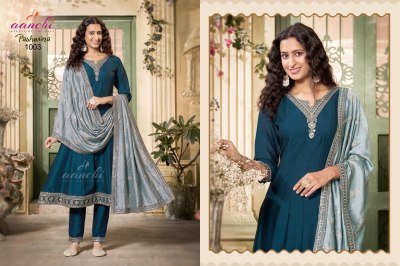 Aanchi Pashmina 3 Piece Set Vichitra Silk Top Bottom And Fancy Contrast Dupatta Ethnic Flair Collection Wholesale  kurti pant with dupatta Catalogs