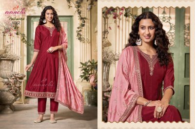 Aanchi Pashmina 3 Piece Set Vichitra Silk Top Bottom And Fancy Contrast Dupatta Ethnic Flair Collection Wholesale  kurti pant with dupatta Catalogs