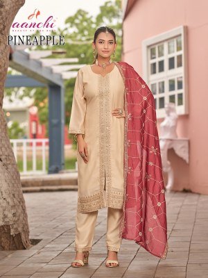 Aanchi Pineapple 3 Piece Set Vichitra Silk Straight Kurti Catalogs  with Fancy Contrast Dupatta Wholesale kurtis catalogs