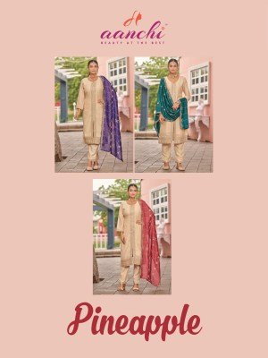 Aanchi Pineapple 3 Piece Set Vichitra Silk Straight Kurti Catalogs  with Fancy Contrast Dupatta Wholesale kurtis catalogs