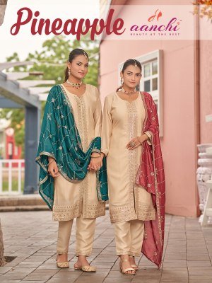Aanchi Pineapple 3 Piece Set Vichitra Silk Straight Kurti Catalogs  with Fancy Contrast Dupatta Wholesale kurtis catalogs