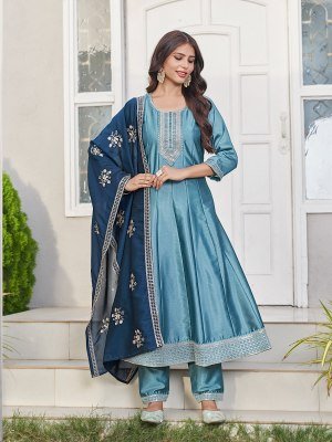 Aanchi Plus Chahat Big Size 3 Piece Flair Set Crystal Silk with Fancy Dupatta Work Wholesale Ethnic Wear kurti pant with dupatta Catalogs