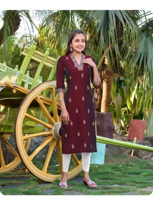 Aanchi Prachi Rangila Silk Straight Cut Kurti with Fancy Neck And All Over Embroidery Work Wholesale kurtis catalogs