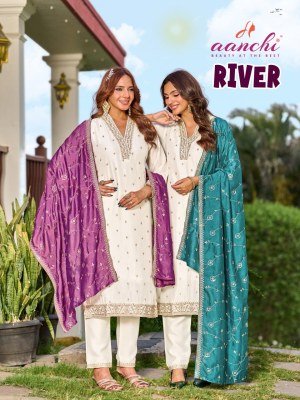 Aanchi River Vichitra Silk Kurti Pant with Fancy Contrast Dupatta Set 