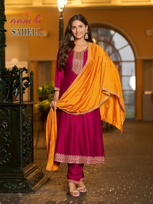 Aanchi Saheli Vichitra Silk Top And Bottom Flair Set with Designer Contrast Dupatta Wholesale kurtis catalogs