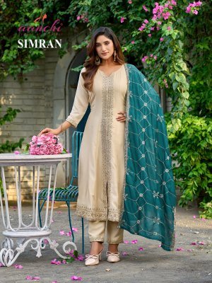 Aanchi Simran 3 Piece Set Vichitra Silk Top And Bottom with Fancy Contrast Dupatta Wholesale kurti pant with dupatta Catalogs