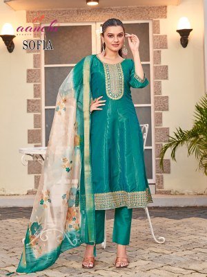Aanchi Sofia 3 Pcs Set Flair Concept Pure Shimmer Kurti with Fancy Digital Dupatta Wholesale Ethnic Wear kurti pant with dupatta Catalogs