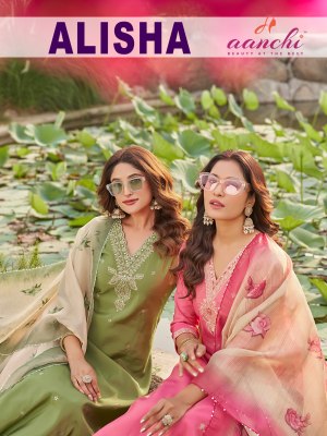 Aanchi by Alisha Roman shimmer 3 pcs set of kurti pant and dupatta catalogue at affordable rate wholesale catalogs