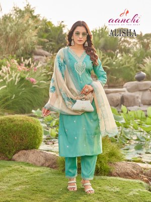 Aanchi by Alisha Roman shimmer 3 pcs set of kurti pant and dupatta catalogue at affordable rate readymade suit catalogs
