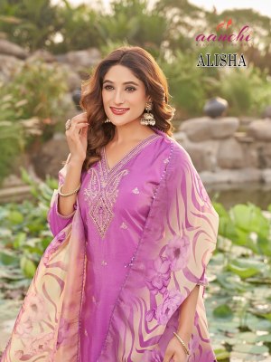 Aanchi by Alisha Roman shimmer 3 pcs set of kurti pant and dupatta catalogue at affordable rate readymade suit catalogs