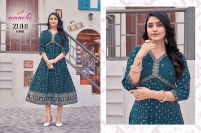 Aanchi kurtis by Zuri fancy alia kurti embroidered kurti pant and dupatta catalogue at low rate readymade suit catalogs