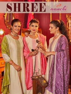 AanchiShree 3 Piece Set Vichitra Silk Top Bottom with Fancy Contrast Dupatta Flair Concept Ethnic Wear Catalogue Wholesale kurtis catalogs