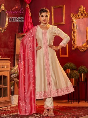 AanchiShree 3 Piece Set Vichitra Silk Top Bottom with Fancy Contrast Dupatta Flair Concept Ethnic Wear Catalogue Wholesale kurtis catalogs