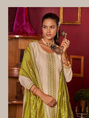 AanchiShree 3 Piece Set Vichitra Silk Top Bottom with Fancy Contrast Dupatta Flair Concept Ethnic Wear Catalogue Wholesale kurtis catalogs