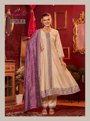 AanchiShree 3 Piece Set Vichitra Silk Top Bottom with Fancy Contrast Dupatta Flair Concept Ethnic Wear Catalogue Wholesale kurtis catalogs