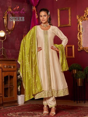 AanchiShree 3 Piece Set Vichitra Silk Top Bottom with Fancy Contrast Dupatta Flair Concept Ethnic Wear Catalogue Wholesale kurtis catalogs