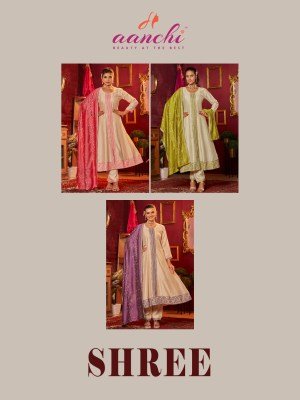 AanchiShree 3 Piece Set Vichitra Silk Top Bottom with Fancy Contrast Dupatta Flair Concept Ethnic Wear Catalogue Wholesale kurtis catalogs