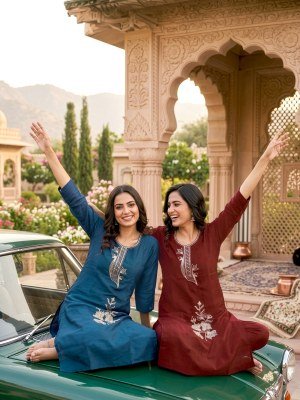 Aariya Gadwal Silk Kurti Pant with Fancy Cut Work Dupatta Set 