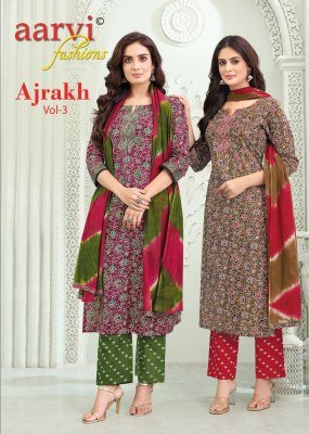 Aarvi Fashion Ajrakh Vol 3 Cotton Salwar Suit with Katha Handwork And Tie Dye Mul Dupatta Festive Collection Wholesale kurtis catalogs