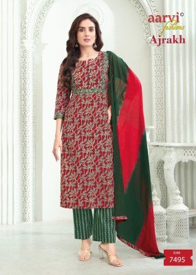 Aarvi Fashion Ajrakh Vol 3 Cotton Salwar Suit with Katha Handwork And Tie Dye Mul Dupatta Festive Collection Wholesale kurtis catalogs