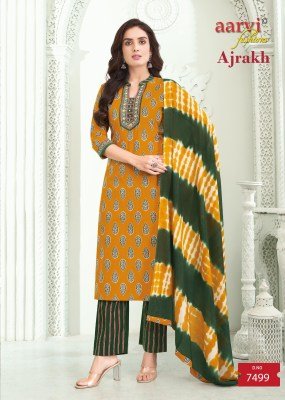 Aarvi Fashion Ajrakh Vol 3 Cotton Salwar Suit with Katha Handwork And Tie Dye Mul Dupatta Festive Collection Wholesale kurtis catalogs