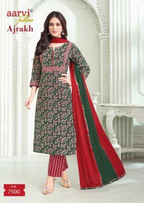 Aarvi Fashion Ajrakh Vol 3 Cotton Salwar Suit with Katha Handwork And Tie Dye Mul Dupatta Festive Collection Wholesale kurtis catalogs