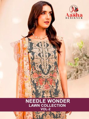 Aasha designer needle wonder vol 2 pre cotton printed with heavy embroidered pakistani suit catalogue Amavi
