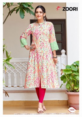 Adhya by Zoori reyon printed lace work kurti catalogue at low price kurtis catalogs