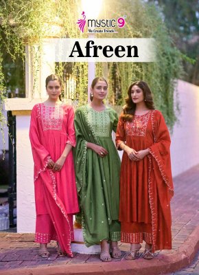Afreen vol 1 by Mystic 9 Premium quality viscorse embroidered top bottom and dupatta collection with low price readymade suit catalogs