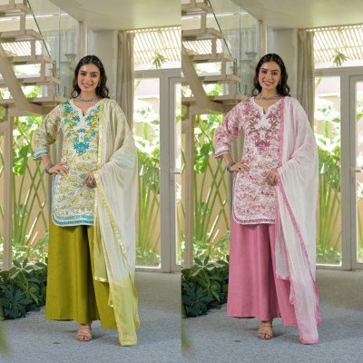 Afsana Sargi Berlin Cotton Printed Kurta Palazzo Set with Nazneen Shaded Dupatta Fancy Palazzo suit catalogue