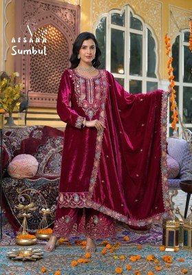 Afsana Sumbul Velvet Ready made Embroidered Top With Pant Cut Work Dupatta Wholesale Afsana Suits Catalogue 