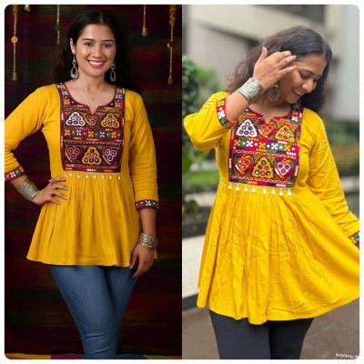 Ai Navratri Festival Special Short Top Premium Heavy Rayon, Gamthi And Kodi Lace Wholeasale  kurtis catalogs