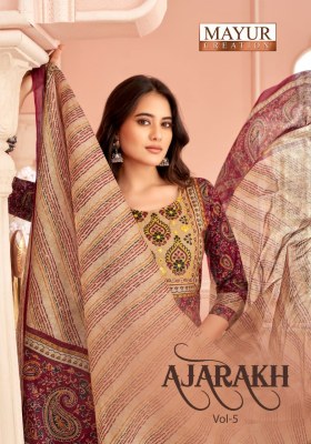 Ajarakh Vol 5 by Mayur Pure Cotton Printed Embroidered neck patch work Readymade suit collection at low rate Mayur Kurti
