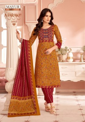 Ajarakh Vol 5 by Mayur Pure Cotton Printed Embroidered neck patch work Readymade suit collection at low rate readymade suit catalogs