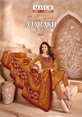 Ajarakh Vol 6 by Mayur Pure Cotton Printed Embroidered Fancy Kurti pant and dupatta catalogue at affordable rate Mayur Kurti