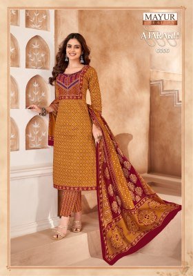 Ajarakh Vol 6 by Mayur Pure Cotton Printed Embroidered Fancy Kurti pant and dupatta catalogue at affordable rate readymade suit catalogs