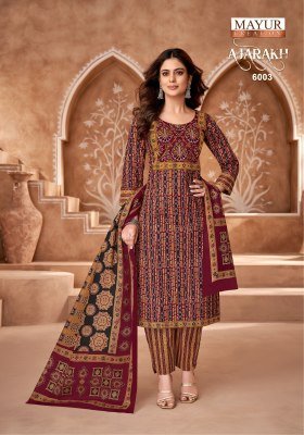Ajarakh Vol 6 by Mayur Pure Cotton Printed Embroidered Fancy Kurti pant and dupatta catalogue at affordable rate readymade suit catalogs
