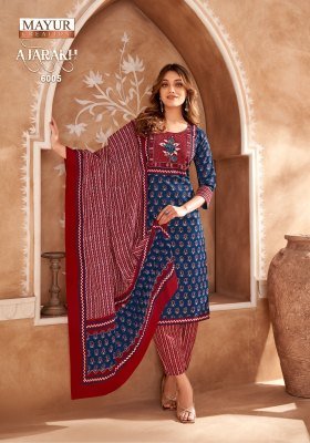 Ajarakh Vol 6 by Mayur Pure Cotton Printed Embroidered Fancy Kurti pant and dupatta catalogue at affordable rate readymade suit catalogs