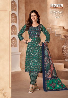 Ajarakh Vol 6 by Mayur Pure Cotton Printed Embroidered Fancy Kurti pant and dupatta catalogue at affordable rate readymade suit catalogs