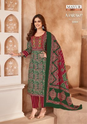 Ajarakh Vol 6 by Mayur Pure Cotton Printed Embroidered Fancy Kurti pant and dupatta catalogue at affordable rate readymade suit catalogs
