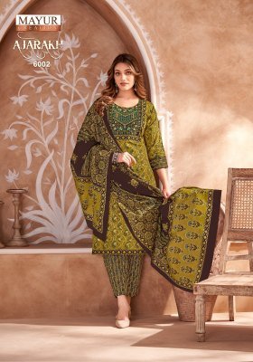 Ajarakh Vol 6 by Mayur Pure Cotton Printed Embroidered Fancy Kurti pant and dupatta catalogue at affordable rate readymade suit catalogs