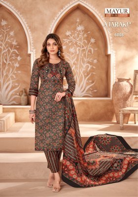 Ajarakh Vol 6 by Mayur Pure Cotton Printed Embroidered Fancy Kurti pant and dupatta catalogue at affordable rate readymade suit catalogs