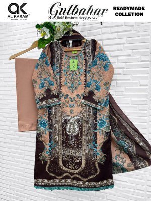 Al Karam Gulbahar Premium Embroidered Cotton Suit Set with Mal Mal Dupatta readymade suit catalogs