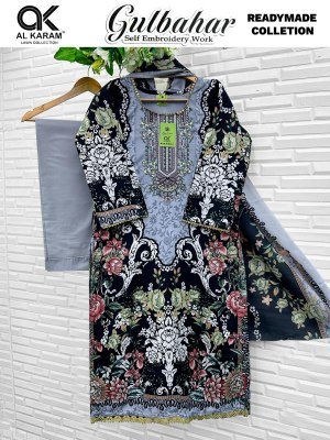 Al Karam Gulbahar Premium Embroidered Cotton Suit Set with Mal Mal Dupatta readymade suit catalogs