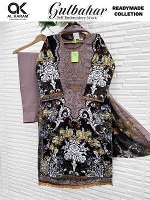 Al Karam Gulbahar Premium Embroidered Cotton Suit Set with Mal Mal Dupatta readymade suit catalogs