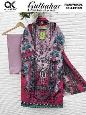 Al Karam Gulbahar Premium Embroidered Cotton Suit Set with Mal Mal Dupatta readymade suit catalogs