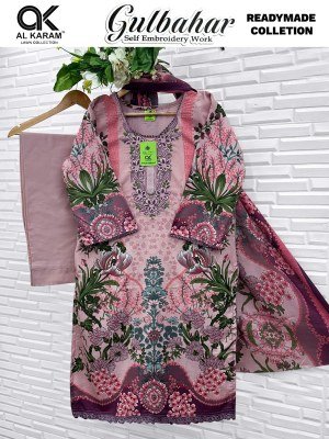 Al Karam Gulbahar Premium Embroidered Cotton Suit Set with Mal Mal Dupatta readymade suit catalogs