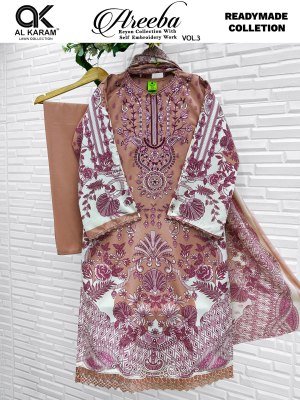 Al Karam Lawn Areeba Vol. 03 Rayon Embroidered Kurta Pant Dupatta Set wholesale catalogs